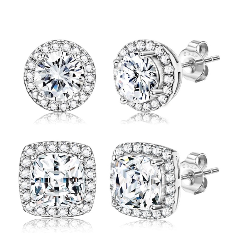 14K White Gold- 925 Sterling Silver Unisex Faceted Diamond Cut CZ Stud Earrings